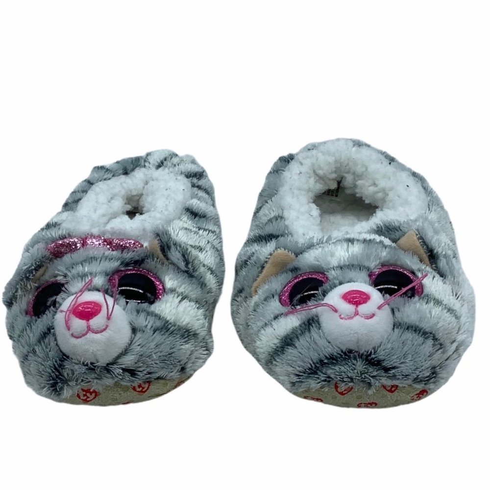 Ty Beanie Boos Kiki the Cat Grey Striped Plush Slippers‎ Kids Size Medium 1-3